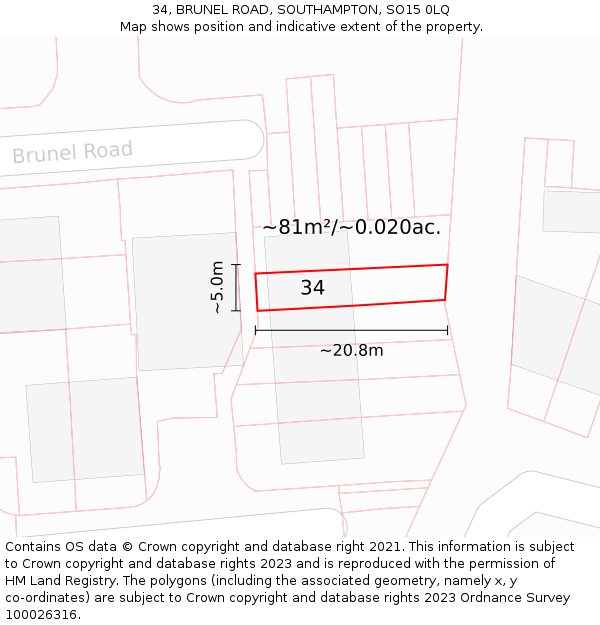 34, BRUNEL ROAD, SOUTHAMPTON, SO15 0LQ: Plot and title map