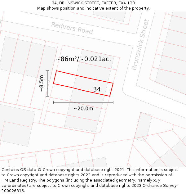34, BRUNSWICK STREET, EXETER, EX4 1BR: Plot and title map