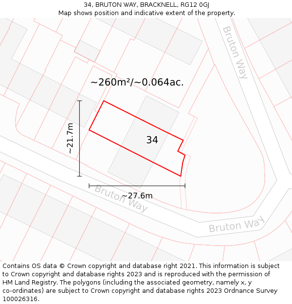 34, BRUTON WAY, BRACKNELL, RG12 0GJ: Plot and title map