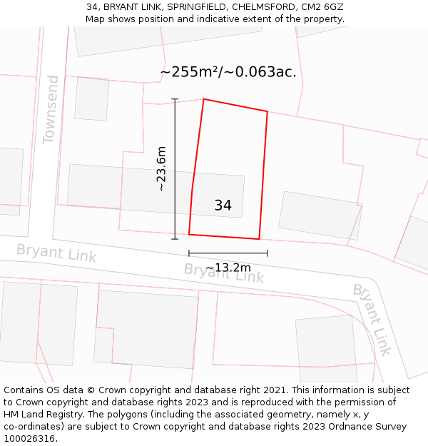 34, BRYANT LINK, SPRINGFIELD, CHELMSFORD, CM2 6GZ: Plot and title map