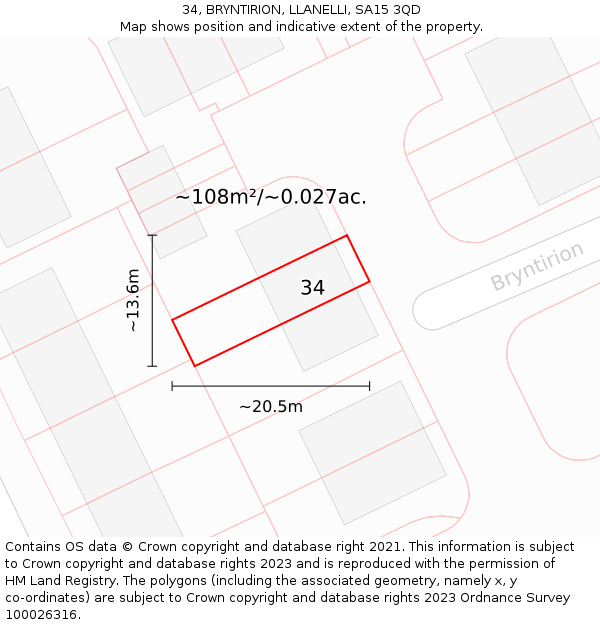 34, BRYNTIRION, LLANELLI, SA15 3QD: Plot and title map