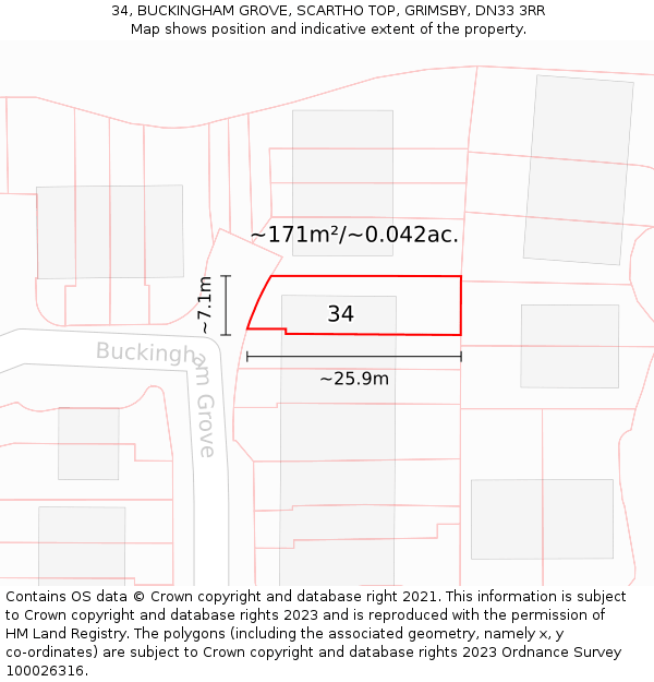 34, BUCKINGHAM GROVE, SCARTHO TOP, GRIMSBY, DN33 3RR: Plot and title map