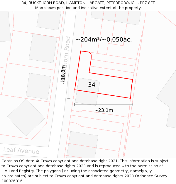 34, BUCKTHORN ROAD, HAMPTON HARGATE, PETERBOROUGH, PE7 8EE: Plot and title map