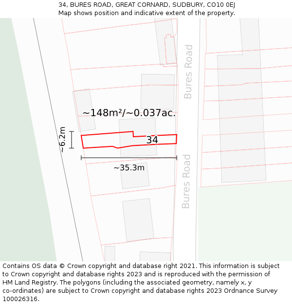 34, BURES ROAD, GREAT CORNARD, SUDBURY, CO10 0EJ: Plot and title map