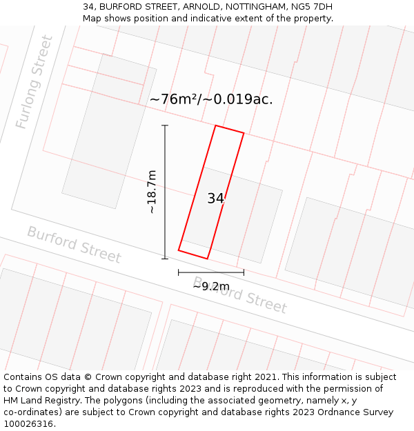34, BURFORD STREET, ARNOLD, NOTTINGHAM, NG5 7DH: Plot and title map