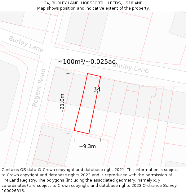 34, BURLEY LANE, HORSFORTH, LEEDS, LS18 4NR: Plot and title map