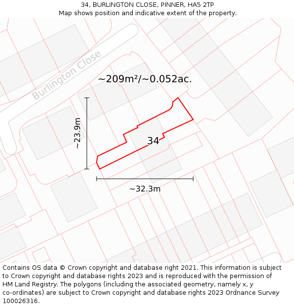 34, BURLINGTON CLOSE, PINNER, HA5 2TP: Plot and title map
