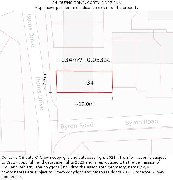 34, BURNS DRIVE, CORBY, NN17 2NN: Plot and title map