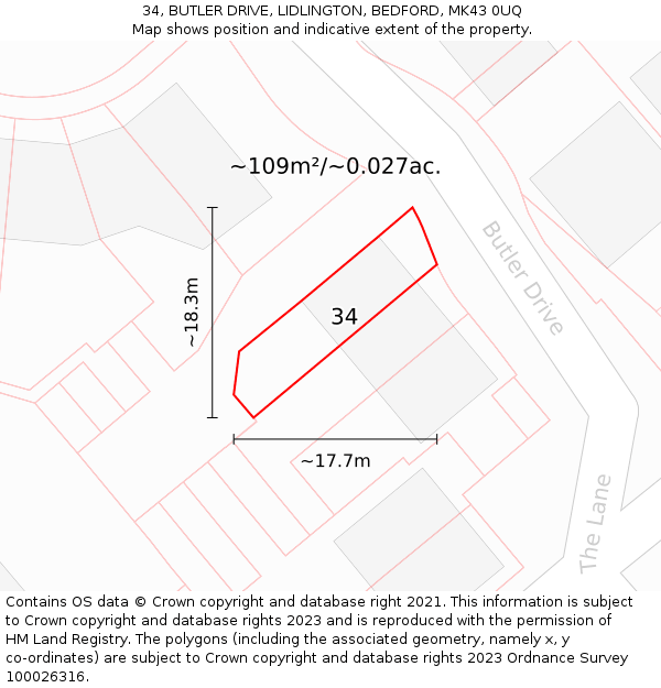 34, BUTLER DRIVE, LIDLINGTON, BEDFORD, MK43 0UQ: Plot and title map