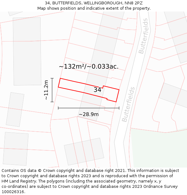34, BUTTERFIELDS, WELLINGBOROUGH, NN8 2PZ: Plot and title map