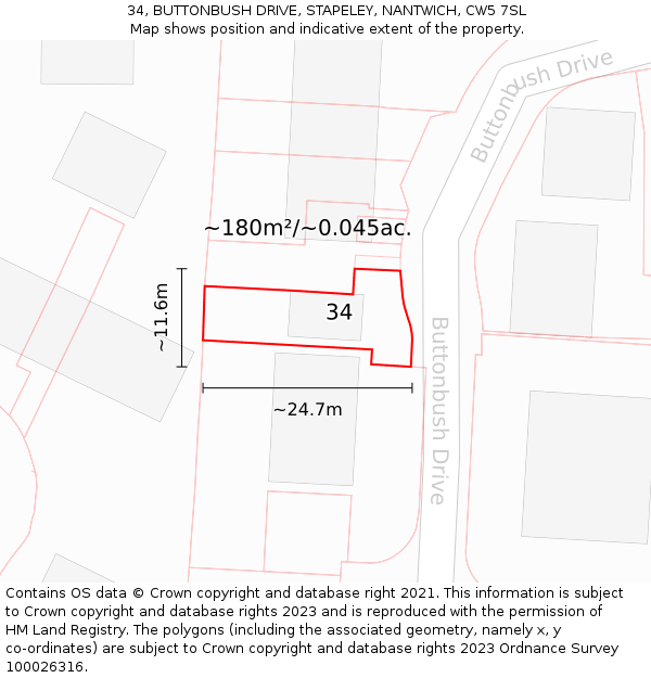 34, BUTTONBUSH DRIVE, STAPELEY, NANTWICH, CW5 7SL: Plot and title map