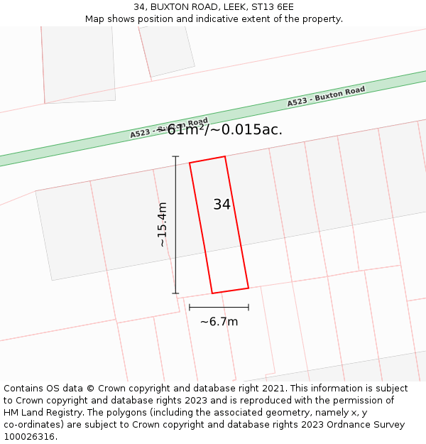 34, BUXTON ROAD, LEEK, ST13 6EE: Plot and title map