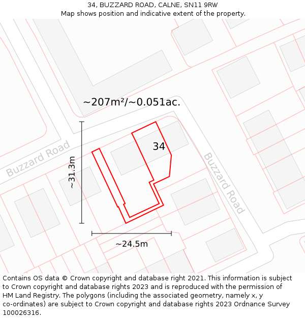 34, BUZZARD ROAD, CALNE, SN11 9RW: Plot and title map