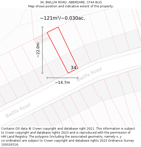34, BWLLFA ROAD, ABERDARE, CF44 8UG: Plot and title map