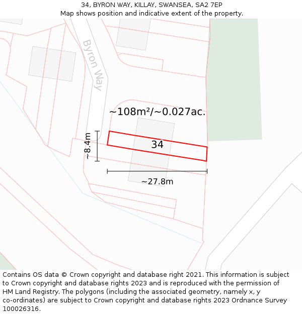 34, BYRON WAY, KILLAY, SWANSEA, SA2 7EP: Plot and title map