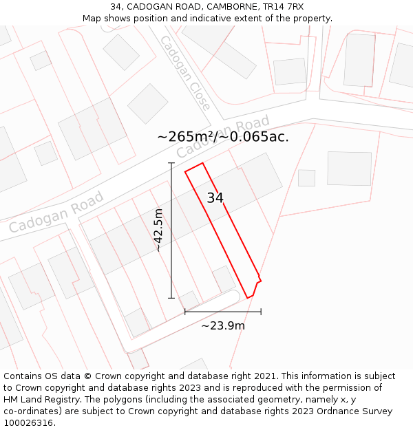 34, CADOGAN ROAD, CAMBORNE, TR14 7RX: Plot and title map