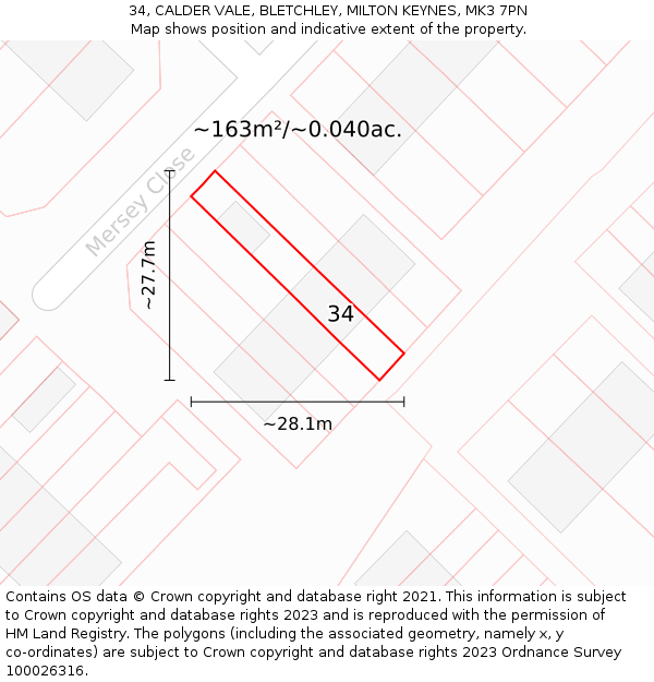34, CALDER VALE, BLETCHLEY, MILTON KEYNES, MK3 7PN: Plot and title map