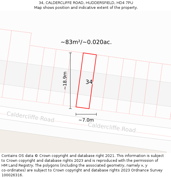 34, CALDERCLIFFE ROAD, HUDDERSFIELD, HD4 7PU: Plot and title map