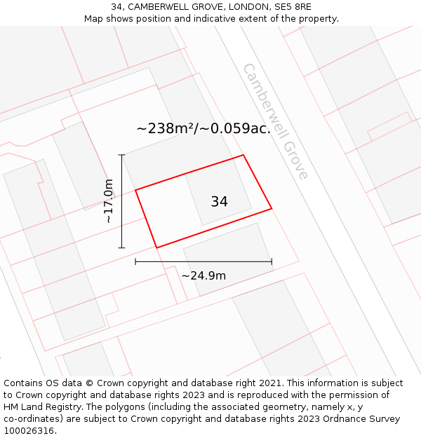 34, CAMBERWELL GROVE, LONDON, SE5 8RE: Plot and title map