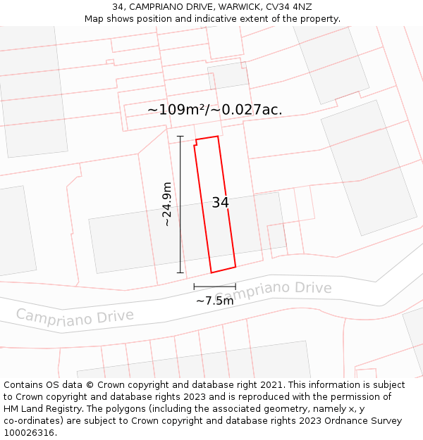 34, CAMPRIANO DRIVE, WARWICK, CV34 4NZ: Plot and title map