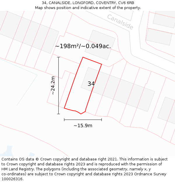 34, CANALSIDE, LONGFORD, COVENTRY, CV6 6RB: Plot and title map