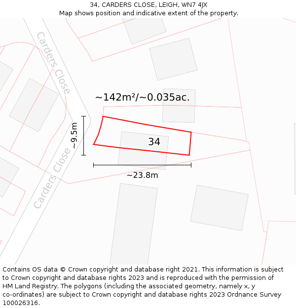 34, CARDERS CLOSE, LEIGH, WN7 4JX: Plot and title map