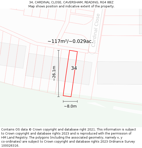 34, CARDINAL CLOSE, CAVERSHAM, READING, RG4 8BZ: Plot and title map
