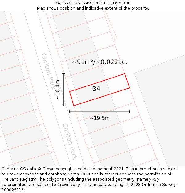 34, CARLTON PARK, BRISTOL, BS5 9DB: Plot and title map