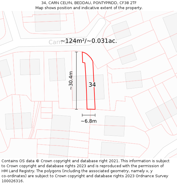 34, CARN CELYN, BEDDAU, PONTYPRIDD, CF38 2TF: Plot and title map