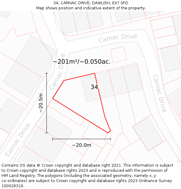 34, CARNAC DRIVE, DAWLISH, EX7 0FD: Plot and title map