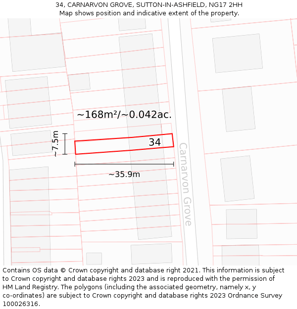 34, CARNARVON GROVE, SUTTON-IN-ASHFIELD, NG17 2HH: Plot and title map