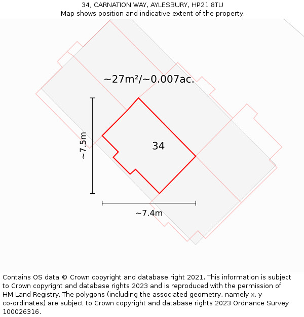 34, CARNATION WAY, AYLESBURY, HP21 8TU: Plot and title map
