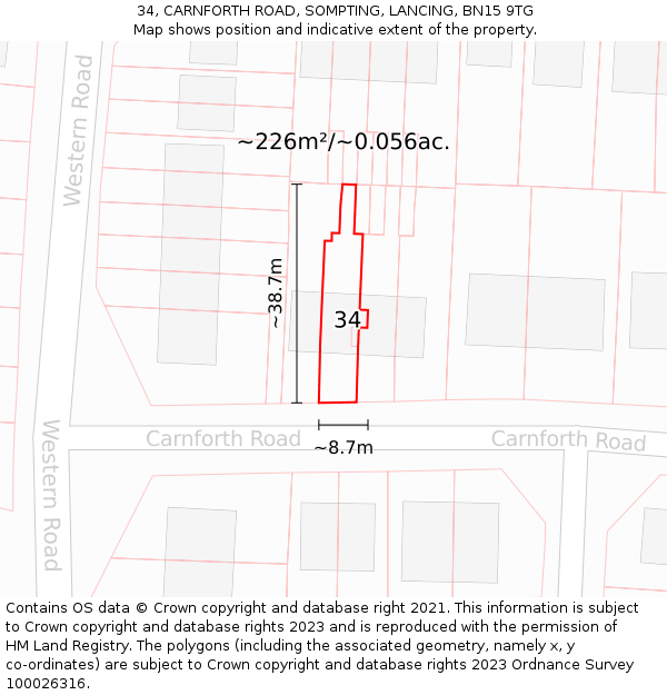34, CARNFORTH ROAD, SOMPTING, LANCING, BN15 9TG: Plot and title map