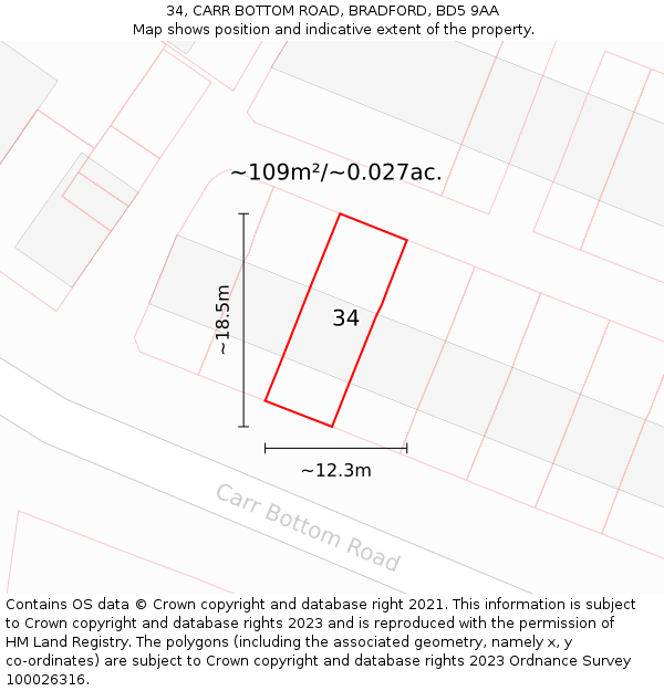 34, CARR BOTTOM ROAD, BRADFORD, BD5 9AA: Plot and title map