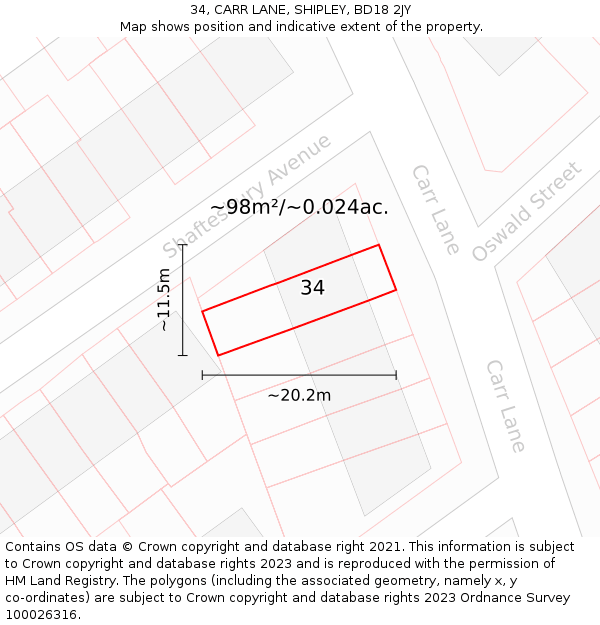 34, CARR LANE, SHIPLEY, BD18 2JY: Plot and title map