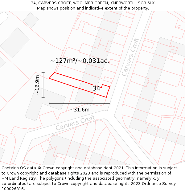 34, CARVERS CROFT, WOOLMER GREEN, KNEBWORTH, SG3 6LX: Plot and title map