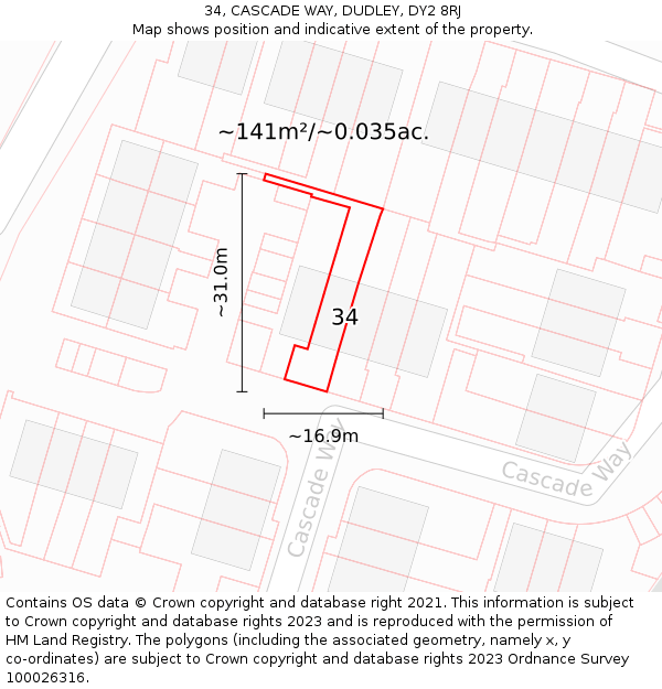 34, CASCADE WAY, DUDLEY, DY2 8RJ: Plot and title map