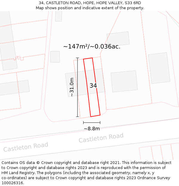 34, CASTLETON ROAD, HOPE, HOPE VALLEY, S33 6RD: Plot and title map