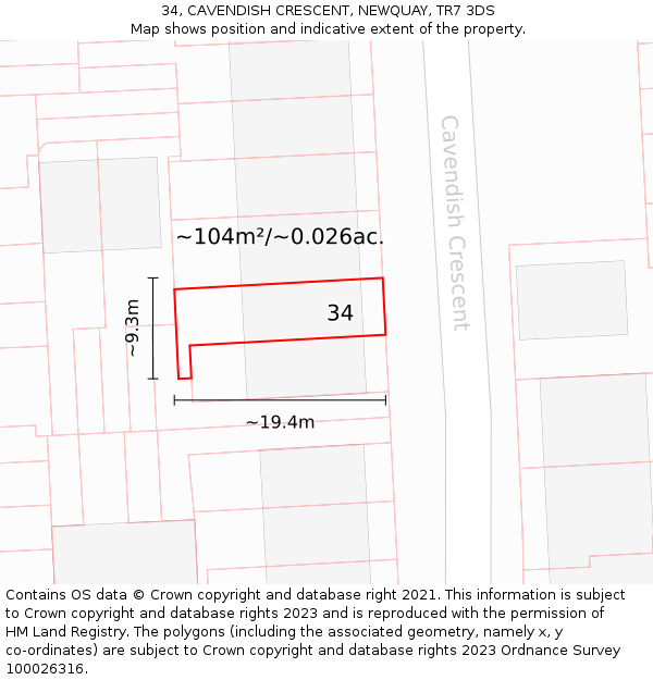 34, CAVENDISH CRESCENT, NEWQUAY, TR7 3DS: Plot and title map