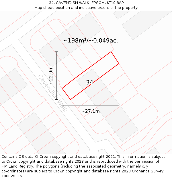 34, CAVENDISH WALK, EPSOM, KT19 8AP: Plot and title map