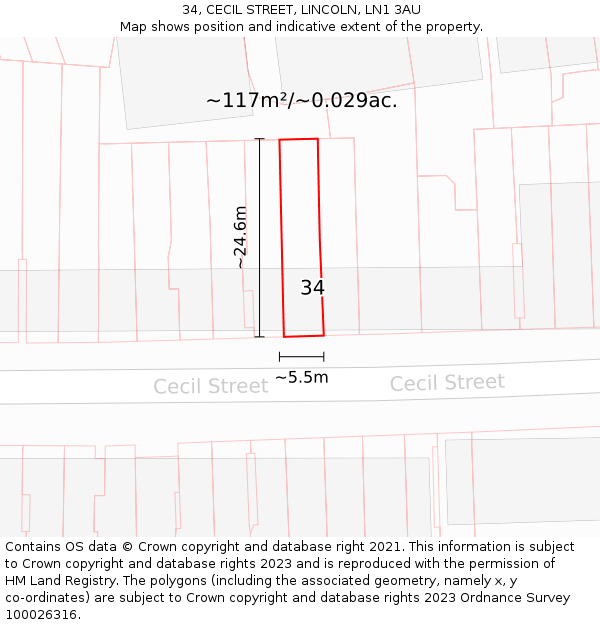 34, CECIL STREET, LINCOLN, LN1 3AU: Plot and title map