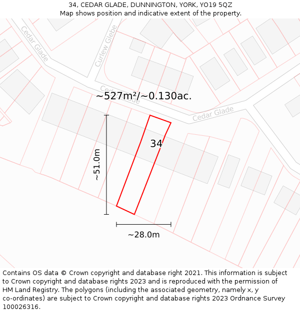 34, CEDAR GLADE, DUNNINGTON, YORK, YO19 5QZ: Plot and title map