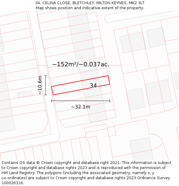 34, CELINA CLOSE, BLETCHLEY, MILTON KEYNES, MK2 3LT: Plot and title map