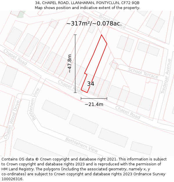 34, CHAPEL ROAD, LLANHARAN, PONTYCLUN, CF72 9QB: Plot and title map