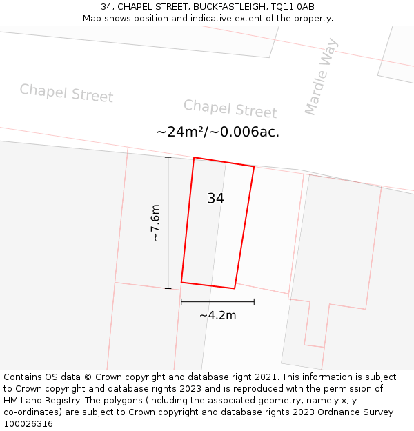 34, CHAPEL STREET, BUCKFASTLEIGH, TQ11 0AB: Plot and title map