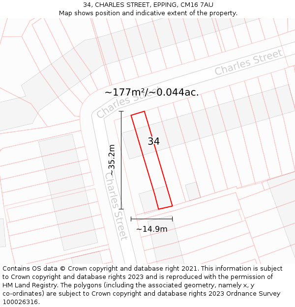 34, CHARLES STREET, EPPING, CM16 7AU: Plot and title map