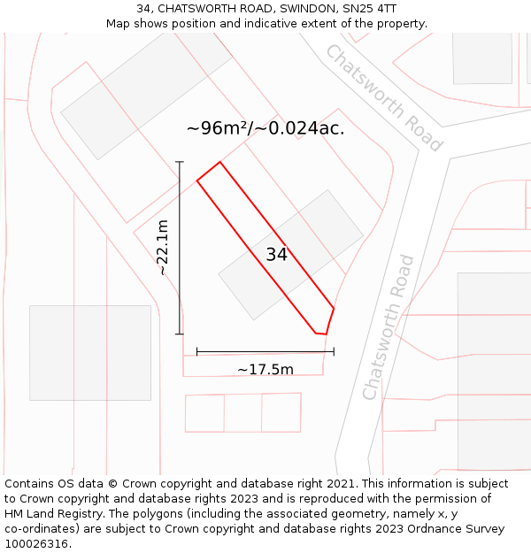 34, CHATSWORTH ROAD, SWINDON, SN25 4TT: Plot and title map