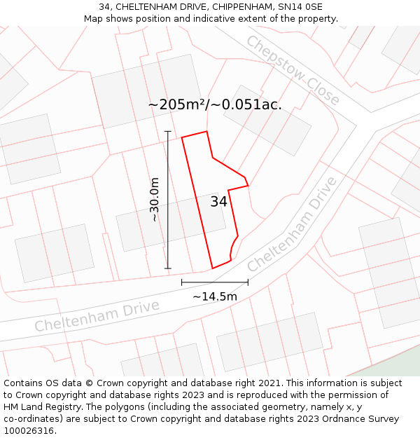 34, CHELTENHAM DRIVE, CHIPPENHAM, SN14 0SE: Plot and title map