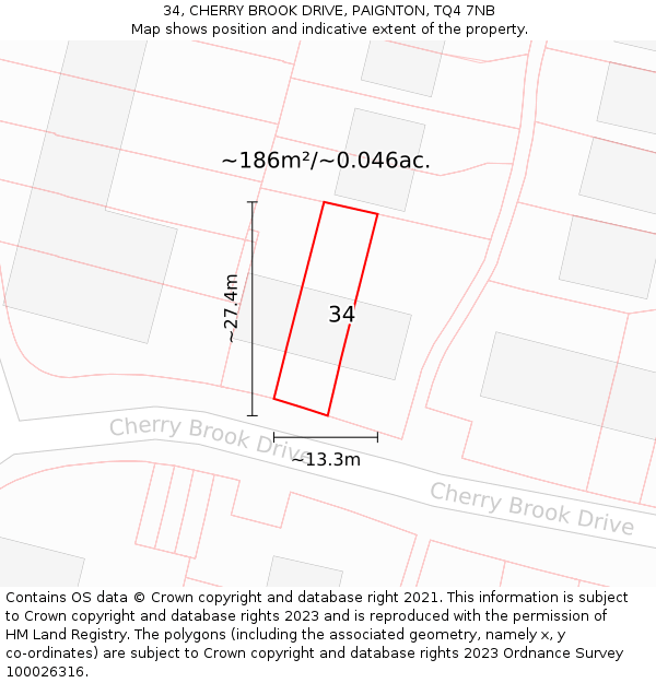 34, CHERRY BROOK DRIVE, PAIGNTON, TQ4 7NB: Plot and title map