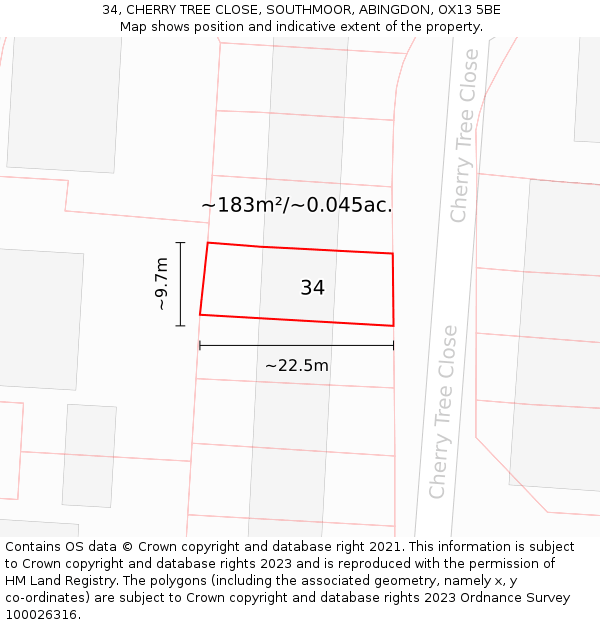 34, CHERRY TREE CLOSE, SOUTHMOOR, ABINGDON, OX13 5BE: Plot and title map